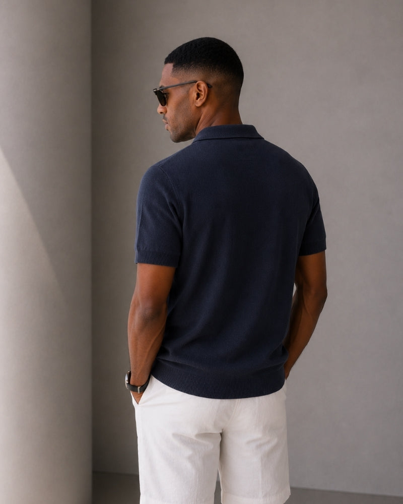 Zip Up Polo Shirt with Mesh Knit and Contrast Trim, Short Sleeve