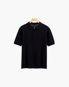 Zip Up Polo Shirt with Mesh Knit and Contrast Trim, Short Sleeve - Black