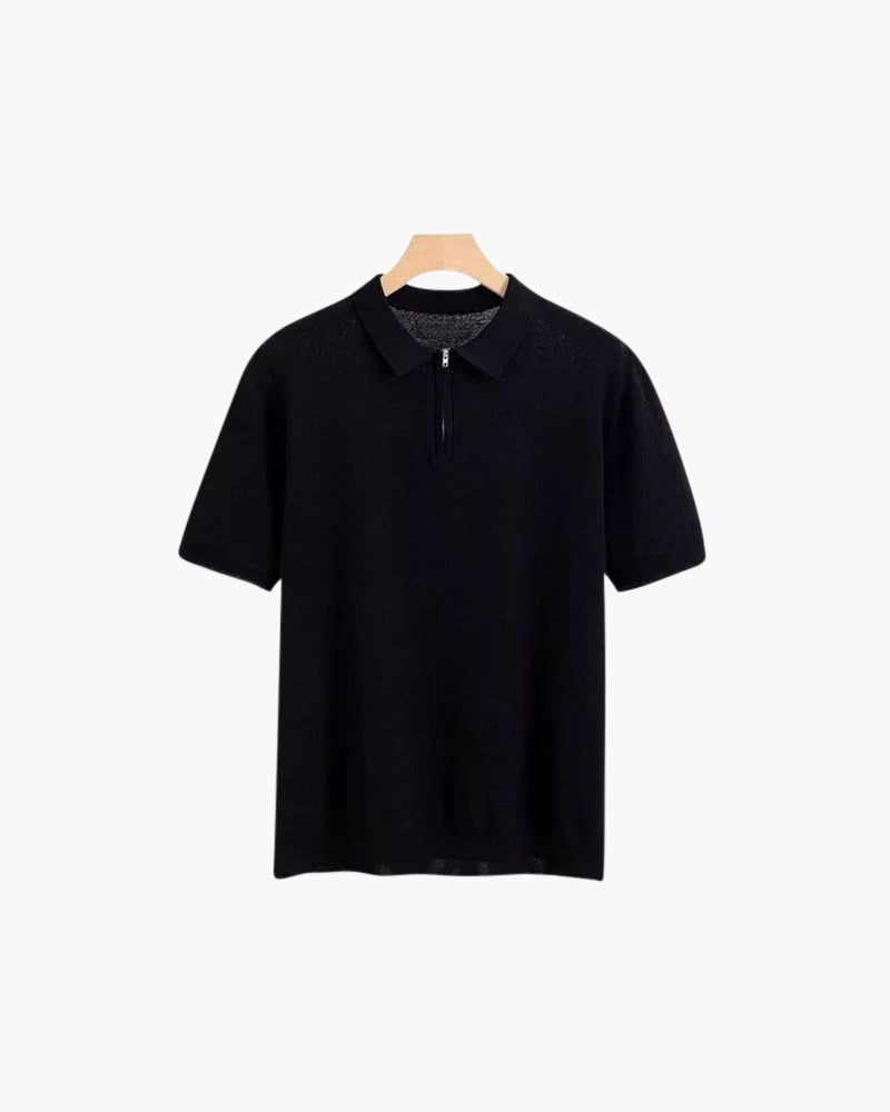 Zip Up Polo Shirt with Mesh Knit and Contrast Trim, Short Sleeve - Black