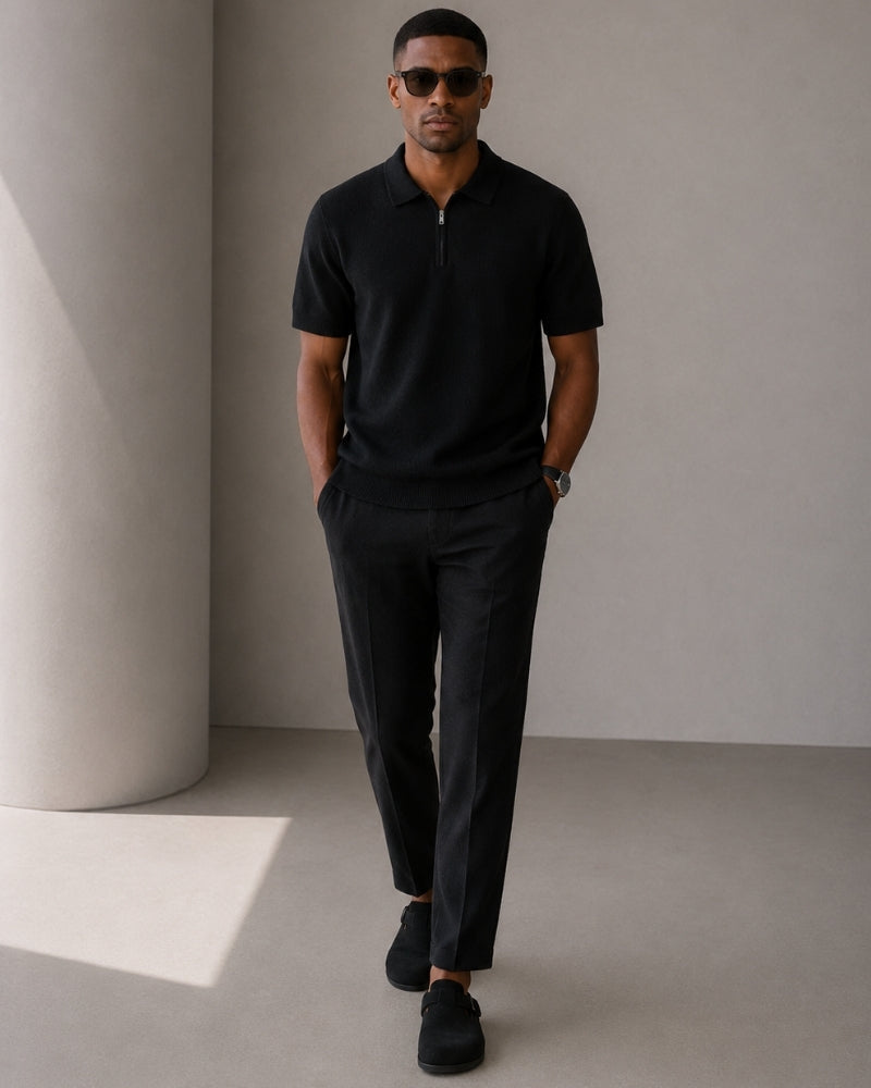 Zip Up Polo Shirt with Mesh Knit and Contrast Trim, Short Sleeve