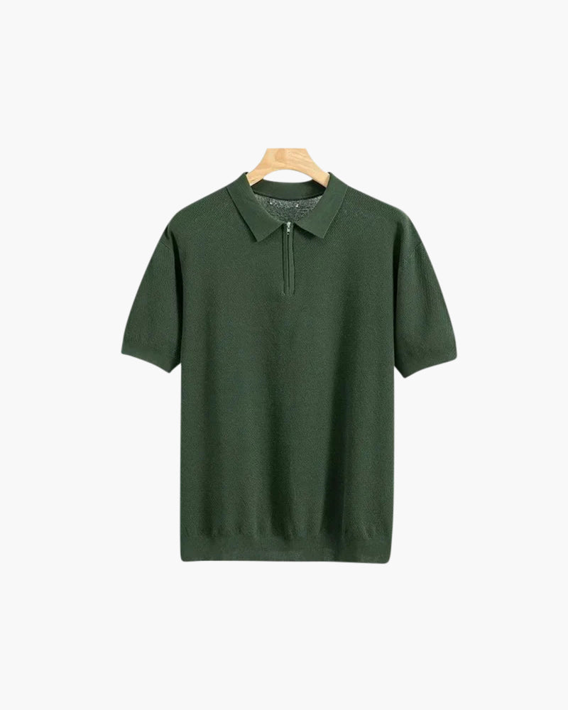 Zip Up Polo Shirt with Mesh Knit and Contrast Trim, Short Sleeve - Dark Green