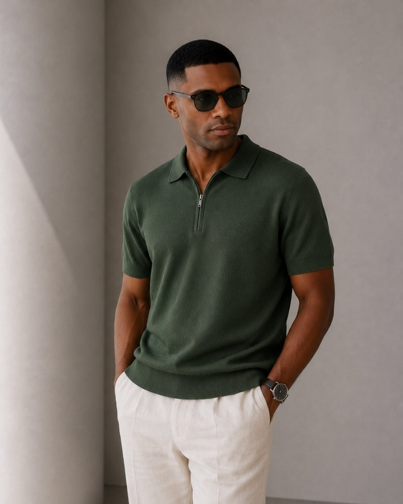 Zip Up Polo Shirt with Mesh Knit and Contrast Trim, Short Sleeve