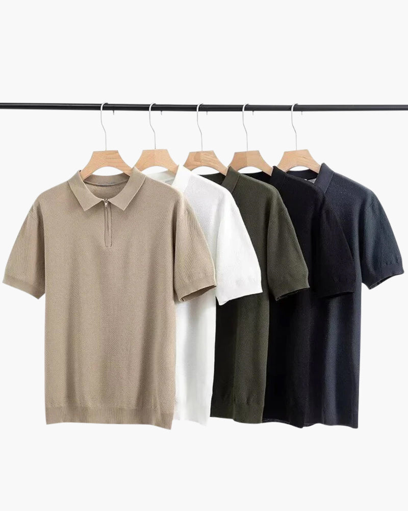 Zip Up Polo Shirt with Mesh Knit and Contrast Trim, Short Sleeve